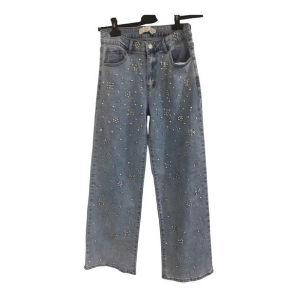 Stunning Pearl & crystal cz adorned light wash denim jeans size large brand new - Picture 8 of 14